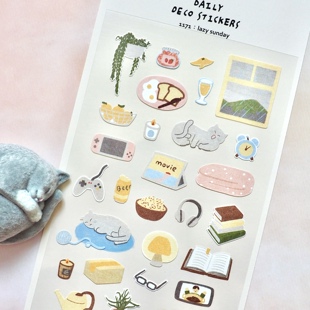 韩国suatelier 慵懒周末 女生宅家吸猫看书做菜手账diy装饰贴纸画