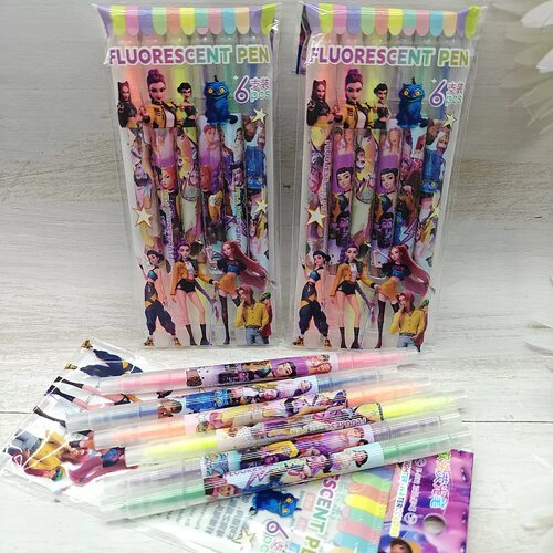 跨境爆款kpop猎魔女团双头荧光笔六色6色手账笔学生文具礼品奖品