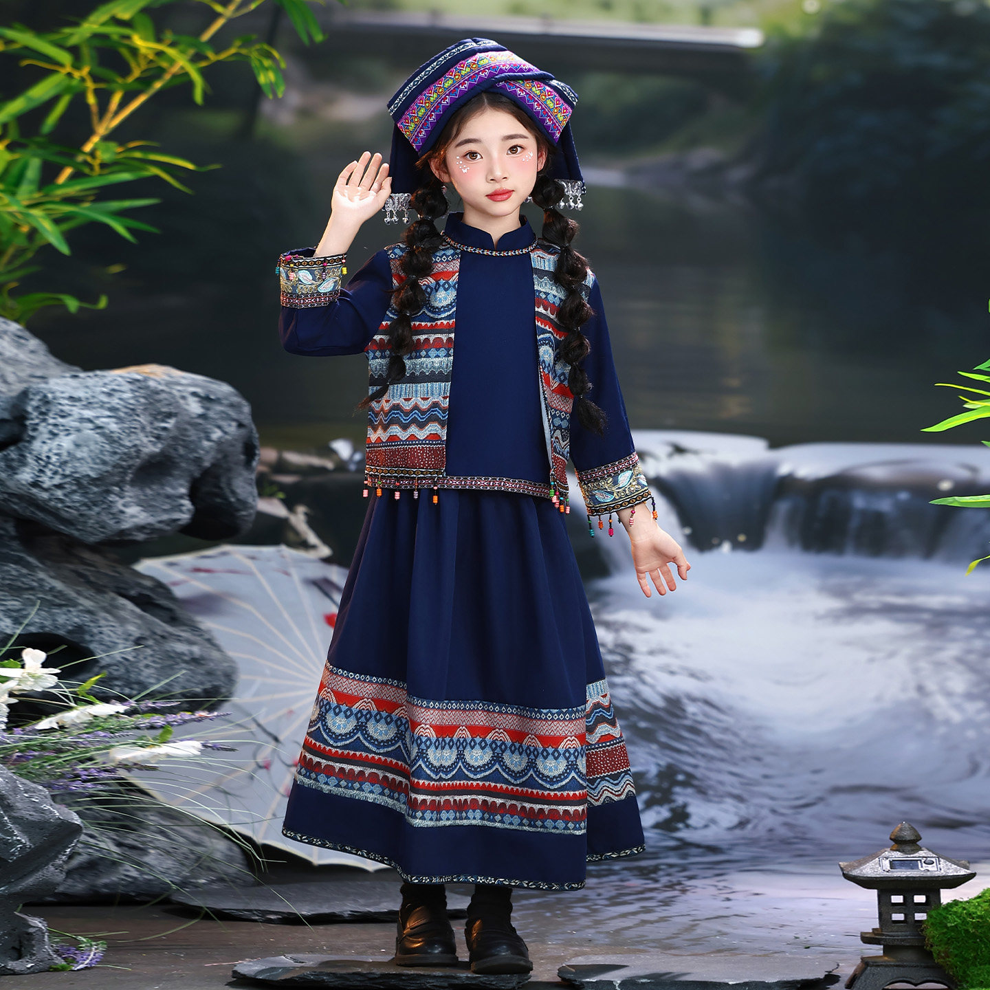 新款男女儿童羌族表演服56个民族演出服舞蹈服长裙羌族运动会服饰