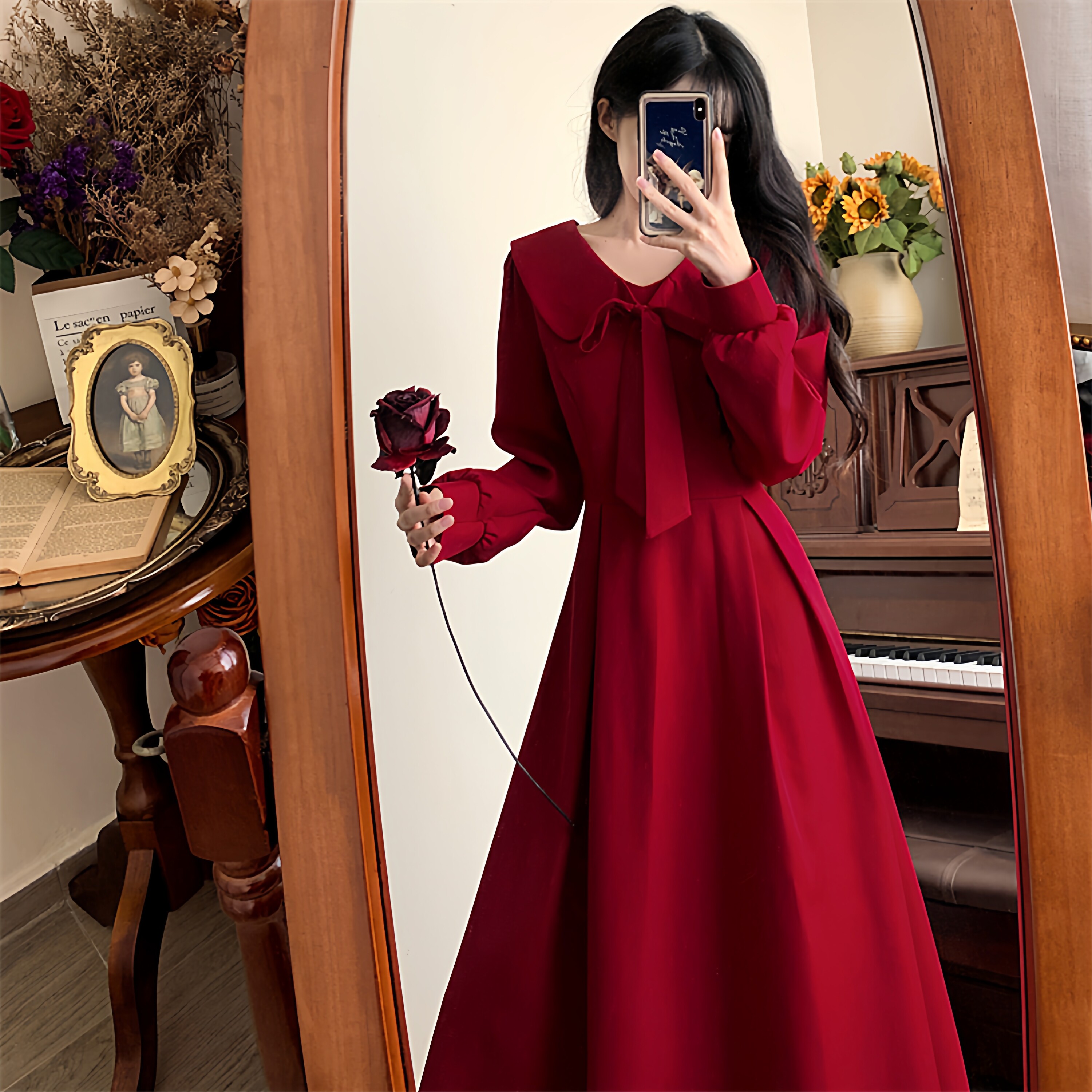 秋装新款赫本风红色娃娃领连衣裙高级感订婚敬酒服回门便装晚礼服