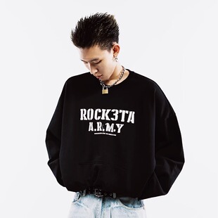 ROCKSTA 秋冬黑色休闲双面穿圆领运动套头衫长袖口袋卫衣