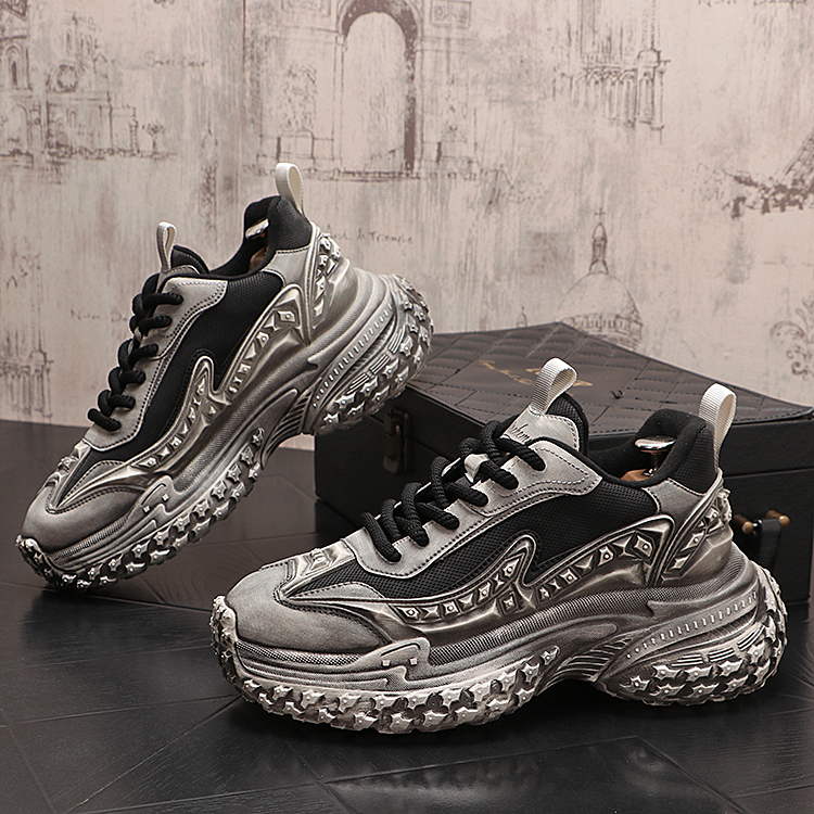 秋冬新款厚底老爹鞋潮流男士薄绒休闲鞋系带增高加厚保暖运动鞋男