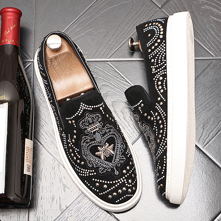 欧洲站男士低帮套脚板鞋刺绣潮流英伦风一脚蹬水钻青年懒人单鞋男