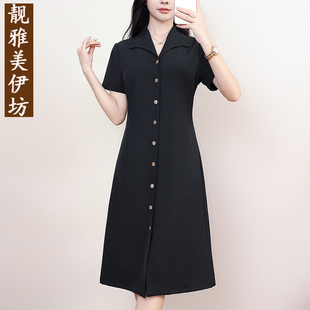 大码连衣裙女2025夏季新款微胖mm遮肚显瘦200斤过膝a字版黑色长裙