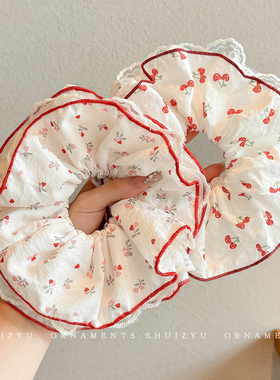 蕾丝大肠发圈女红色碎花双层发绳扎头发皮筋丸子头低马尾头绳发饰