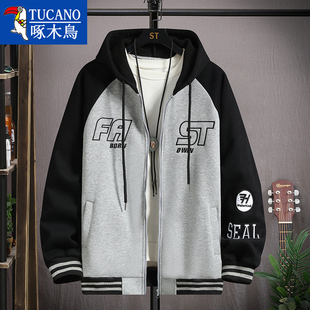 啄木鸟青少年春秋款外套男孩帅气宽松初中高中学生棉质连帽上衣