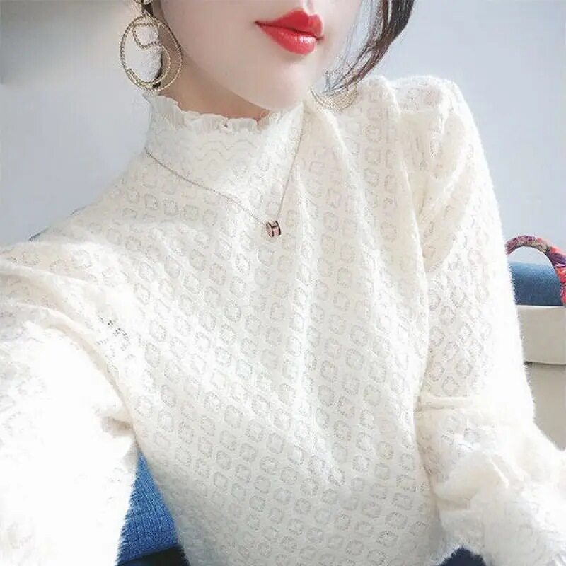 薄款/加绒半高领勾花长袖蕾丝衫女士秋冬新款气质内搭打底衫上衣