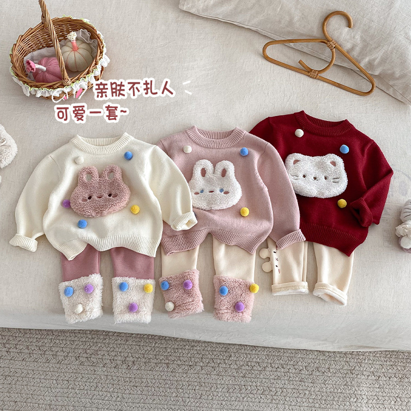女童卡通毛衣2025新款冬季儿童超萌毛球小兔上衣宝宝加厚套头衫潮