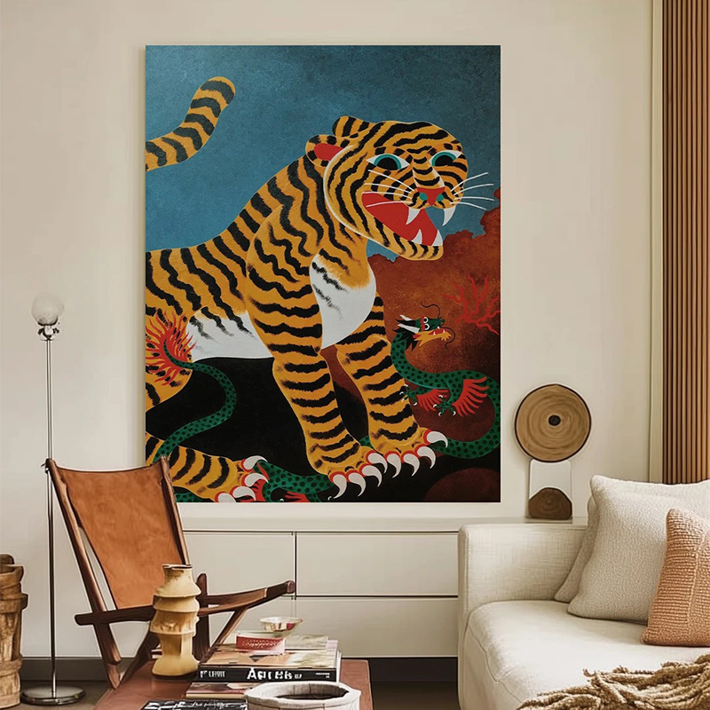 中古风艺术感老虎大幅装饰画客厅书房个性潮流动物主题墙艺术挂画