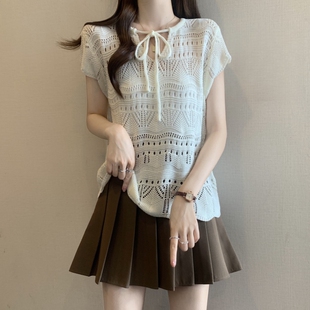 春夏季大尺码胖mm感百搭系带短袖针织T恤女新款气质罩衫潮0304z