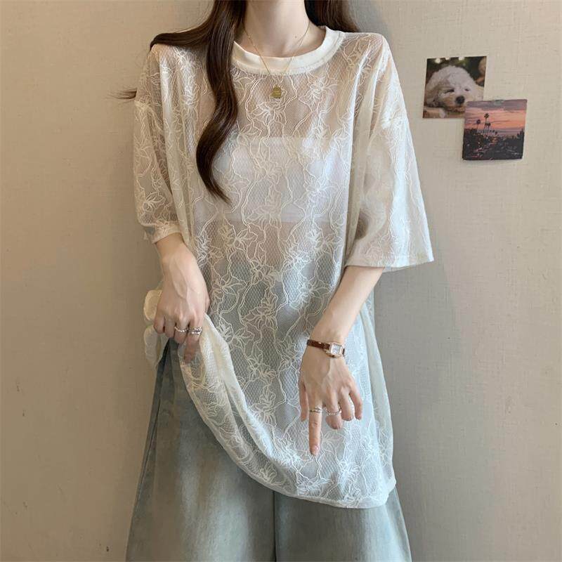 春夏季蕾丝压花正肩短袖T恤女2026大码胖mm杏色外搭罩衫中长0305z