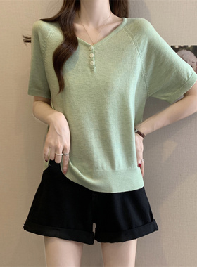 春夏季2026绿色短袖T恤大尺码女装胖mm遮肉显瘦针织上衣0304z
