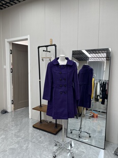 复古紫色羊毛呢收腰风衣女中长款韩版通勤气质大衣