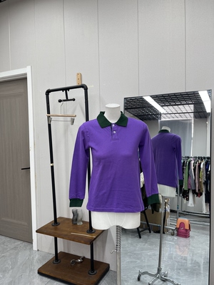 复古紫绿色撞色长袖Polo衫女宽松休闲显气质通勤款