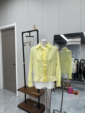 清新衬衫花边领长袖简约奶黄色两件套春秋弹力款