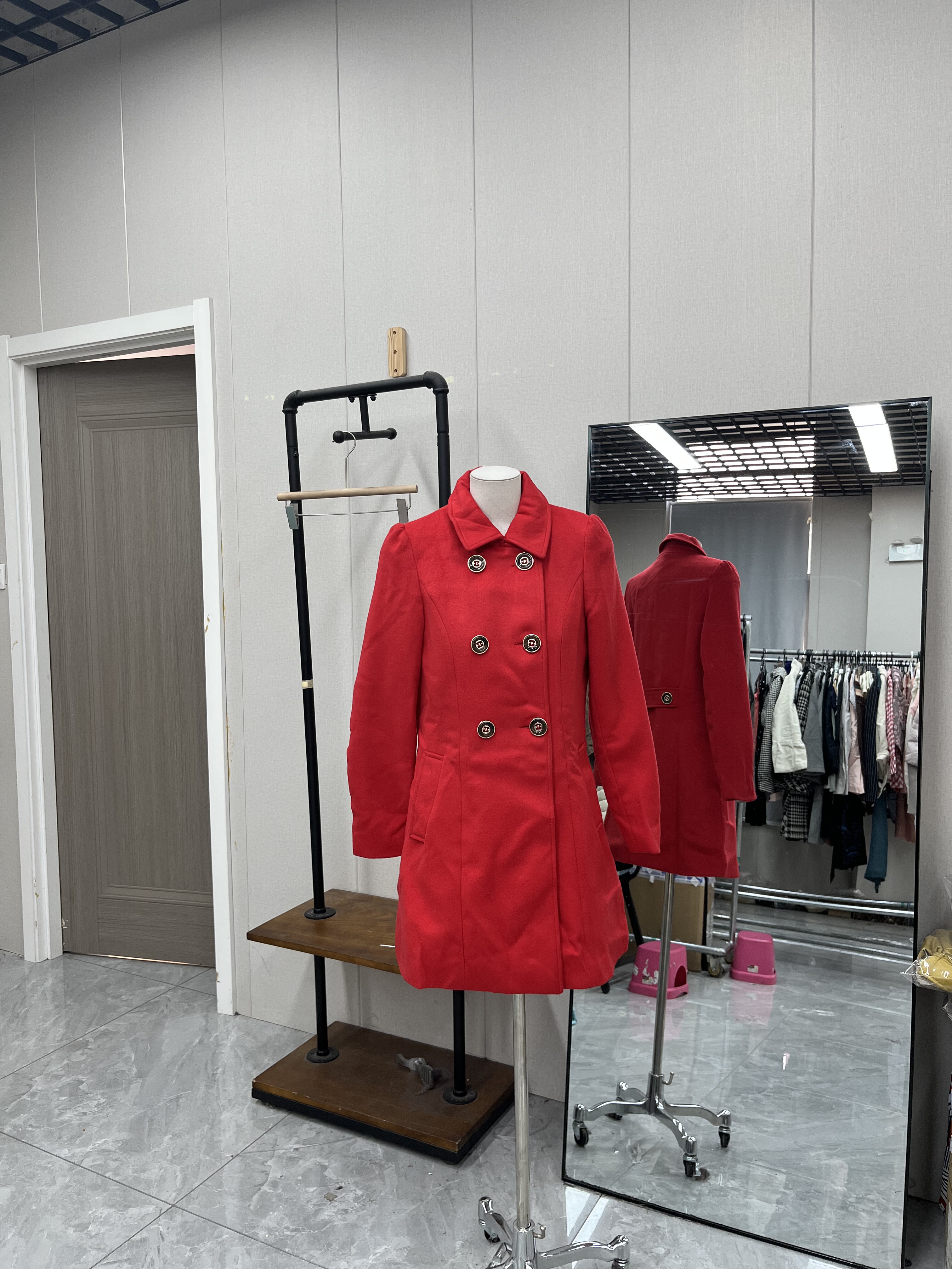 大红色小香风双排扣呢料外套中长款秋冬甜美减龄