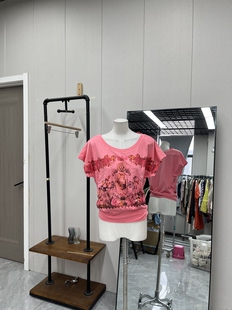 甜美蝙蝠袖 上衣下摆收紧显瘦收腰圆领 蕾丝拼接短袖