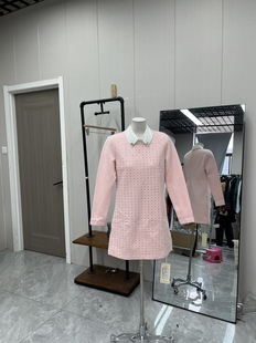 春秋 领烫钻爆闪设计长袖 粉色连衣裙套装 内搭衬衫