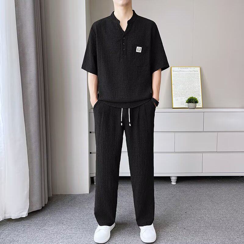 肌理感短袖套装男士v领t恤夏季休闲运动套装