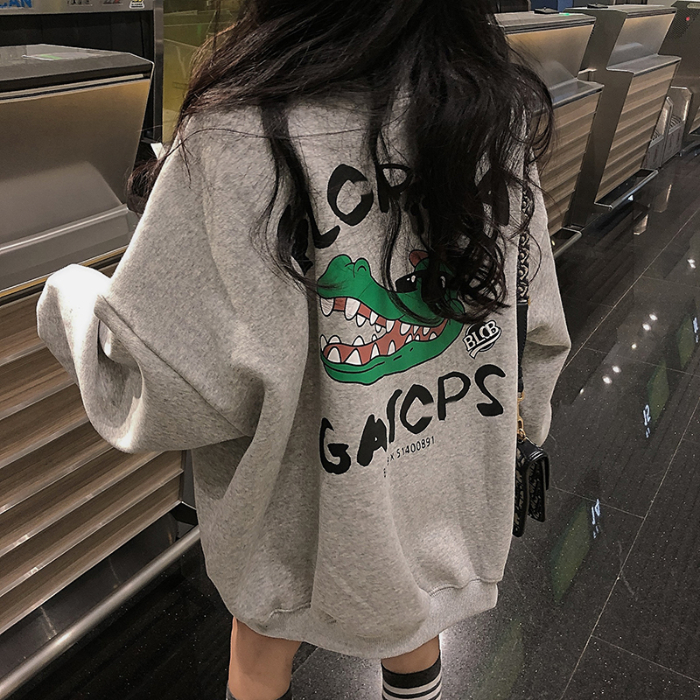 New style women's plush and baggy Korean version top cartoon printing long sleeve autumn winter coat