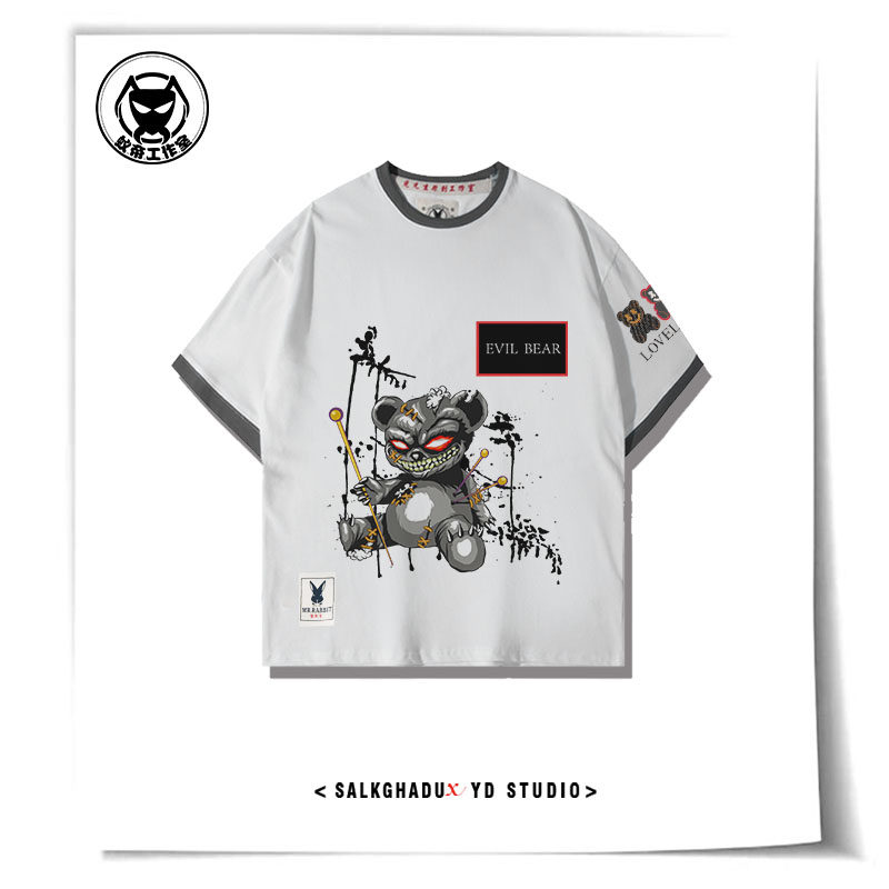 小熊联名T恤暴力国潮短袖纯棉大码宽松炸街拼接假两件欧货新款夏