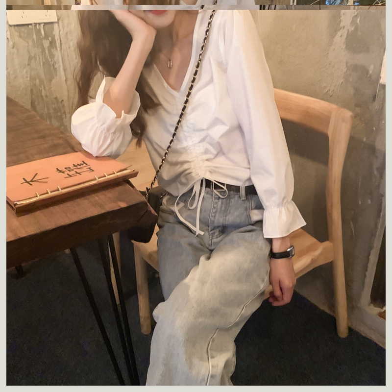 白色衬衫女时尚洋气初秋新款韩版小众设计感抽绳衬衣修身短款上衣|ruв категории Женская одежда, рубашка - от Buy2taobao.com для оказания профессиональной услуги покупки агента Taobao