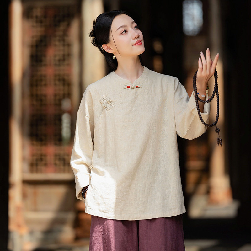 春秋季新款中式复古立领斜襟盘扣上衣禅修服女砂洗国风唐装居士服