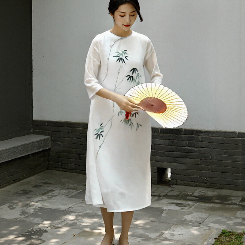 夏装新款中式改良旗袍连衣裙宽松苎麻长款复古禅意茶服女长裙