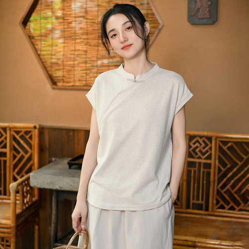 新中式国风复古汉麻上衣 棉麻女装2026夏季新款高品质短袖t恤女