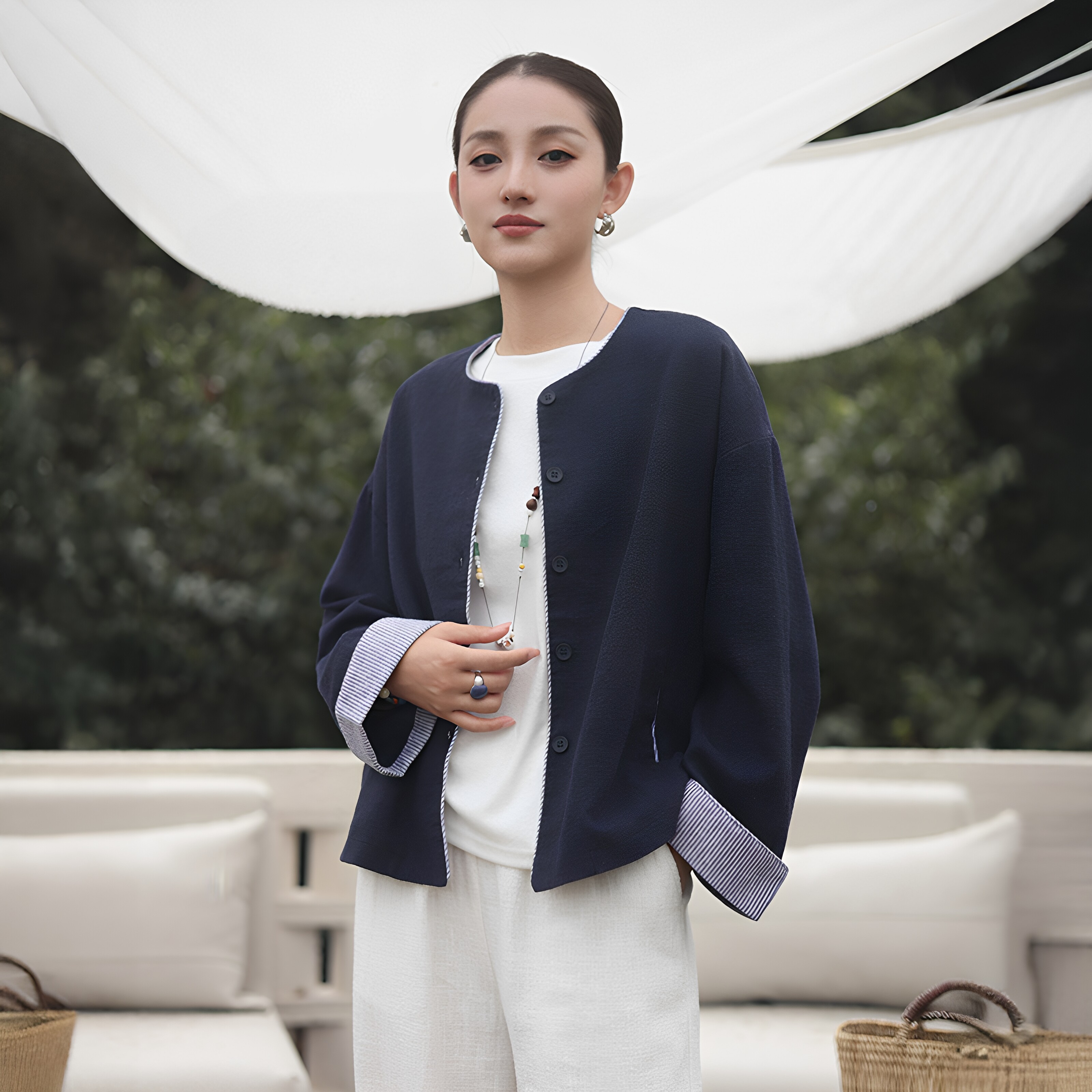 鹿与安笛秋季苎麻薄款女短外套