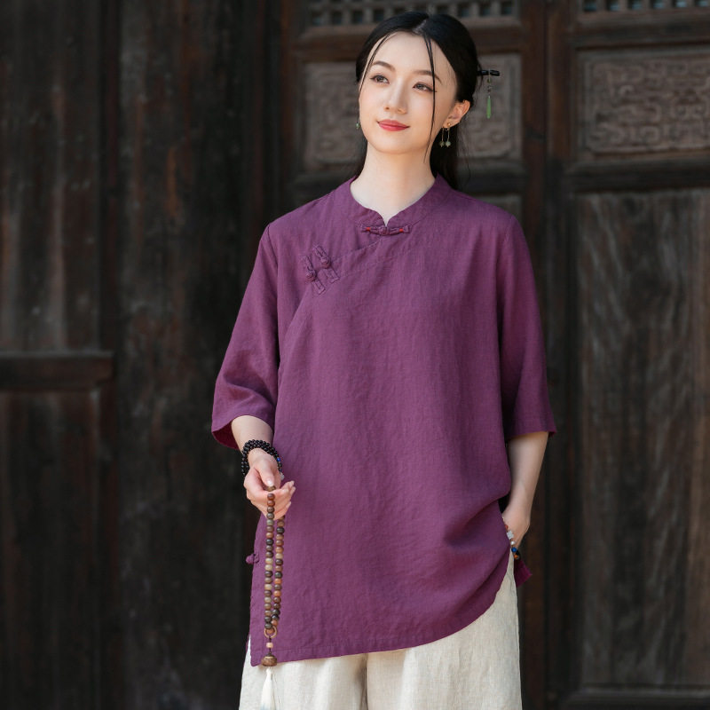 默念依旧原创中式国风开衫上衣女夏亚麻天丝轻薄斜襟盘扣立领衬衫