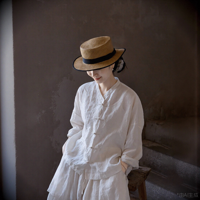 夏季中式衬衫女宽松中长款白衬衣复古禅意汉服V领盘扣小衬衫女