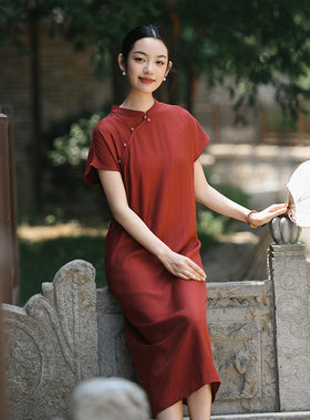 新中式女装夏季新款改良旗袍裙中国风高级感短袖亚麻连衣裙