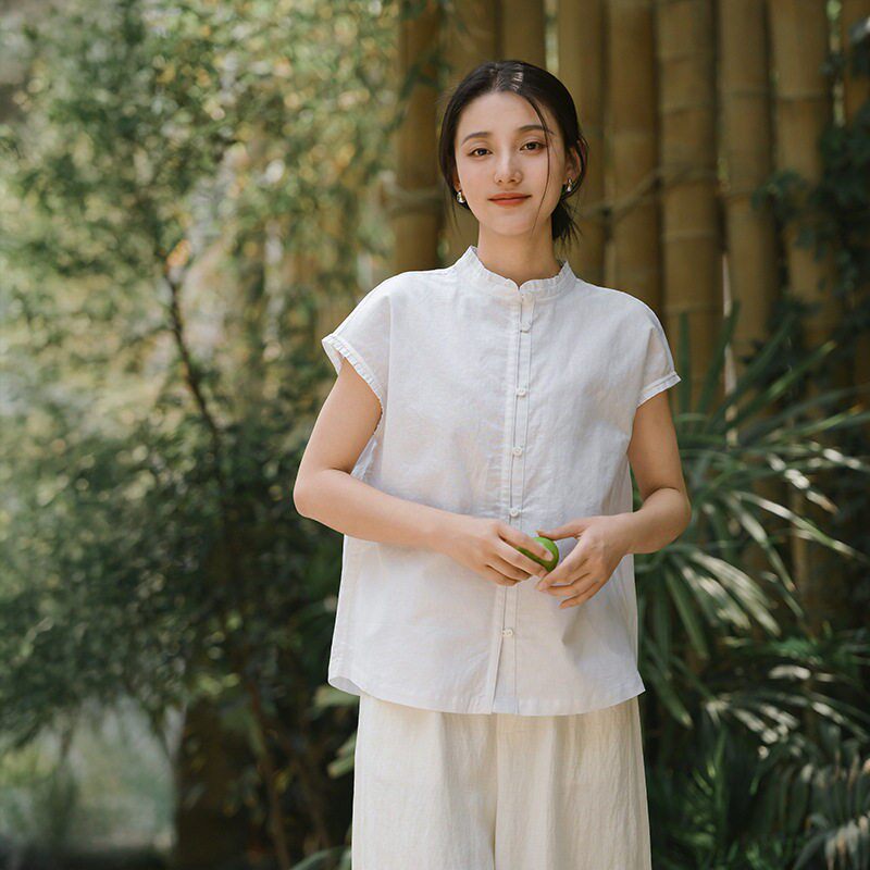 素雅高知风新中式亚麻短袖衬衫女