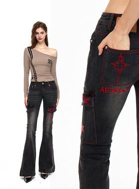 AE30 Saint 黑红撞色水洗弹力修身重工微喇牛仔裤 2024AW