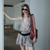 复古蛇纹挂脖花苞连衣裙 AE30 SAINT 露背金属钉蛋糕裙