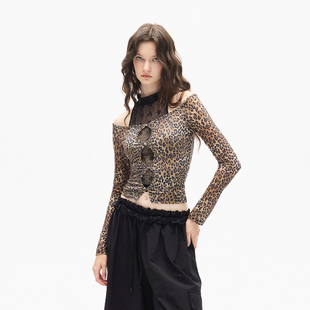 镂空假两件蕾丝背心长T 豹纹全印露肩上衣 AE30 SAINT