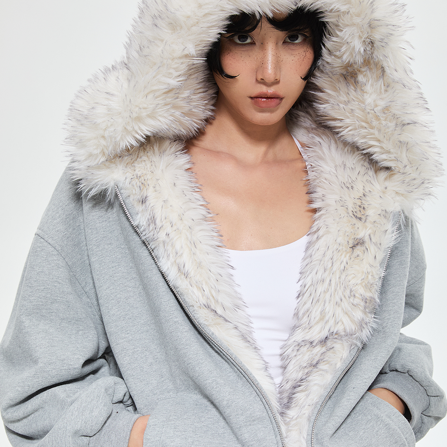 AE30 Saint 灰色加绒连帽外套 拼接毛毛加厚宽松保暖卫衣