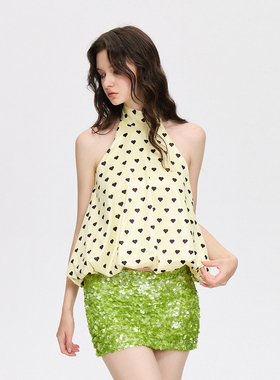 AE30 SAINT 春日缤纷*黄色爱心波点绑带背心 度假风挂脖花苞上衣