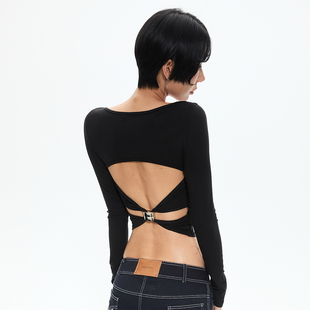 大领口修身 露背金属扣纽结上衣T恤 显瘦内搭 Saint AE30