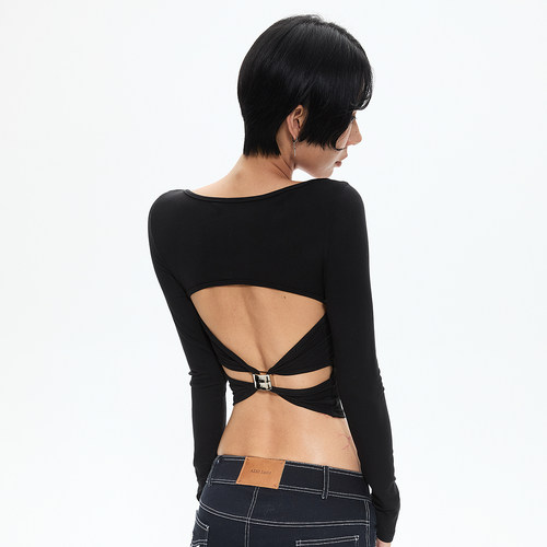 AE30 Saint 露背金属扣纽结上衣T恤 大领口修身显瘦内搭