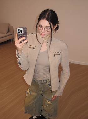 AE30 Saint 复古植绒短款修身皮衣 正肩重工撞钉立领夹克外套