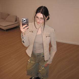 皮衣 AE30 修身 复古植绒短款 正肩重工撞钉立领夹克外套 Saint