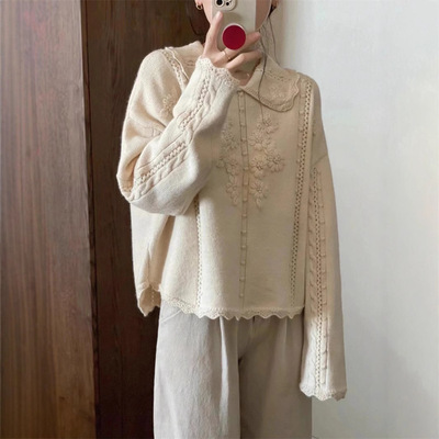 复古娃娃领立体花朵毛衣女宽松秋冬新款温柔风花边软糯针织衫上衣