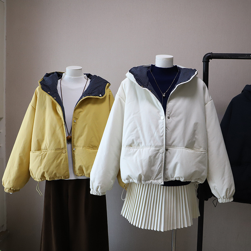 2025秋冬新款韩版格子连帽减龄百搭宽松休闲棉服外套女5356