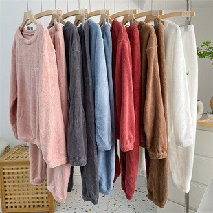 加绒加厚暖暖套装水蜜桃月牙城秋冬款珊瑚绒竖条纹家居服保暖套装