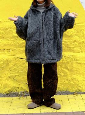 灰色连帽拉链毛呢大衣女2024慵懒风气质宽松中长款外套