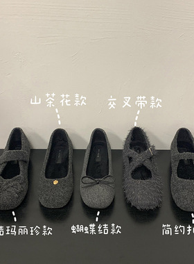 MUKEKe 内增高4CM加绒单鞋棉鞋女秋冬蝴蝶结灰色玛丽珍毛毛鞋软底