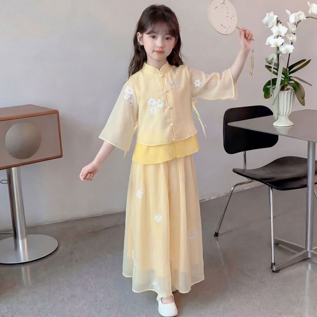 女童雪纺中袖中国风阔腿裤套装2026新款夏季新中式刺绣汉服两件套
