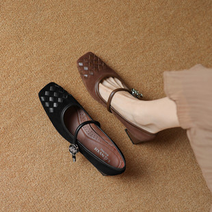 欧美时尚 拼接百搭 真皮羊翻皮单鞋 女方头中跟粗跟气质浅口低帮鞋